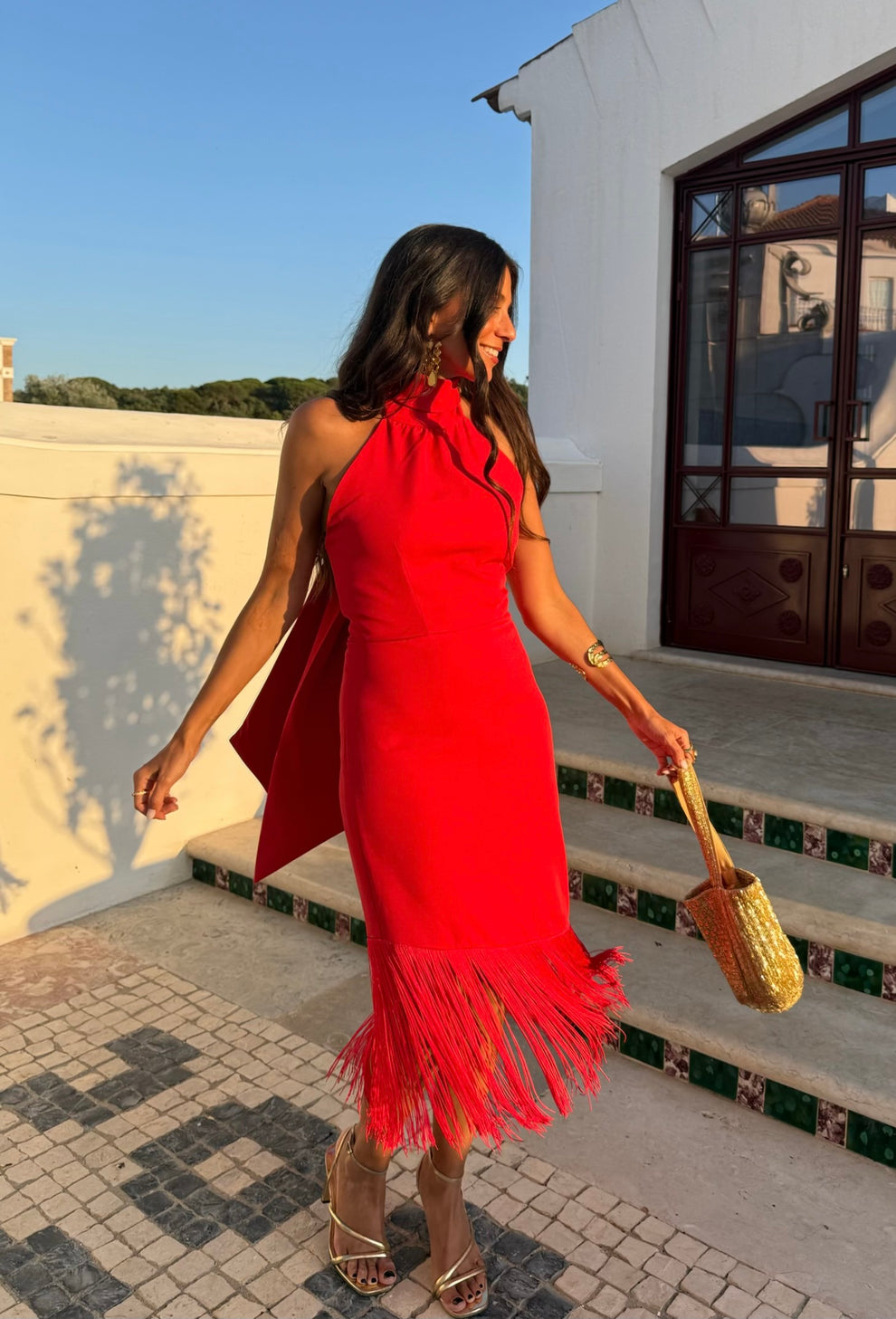 CIRIACA - VESTIDO MIDI HALTER CON FLECOS