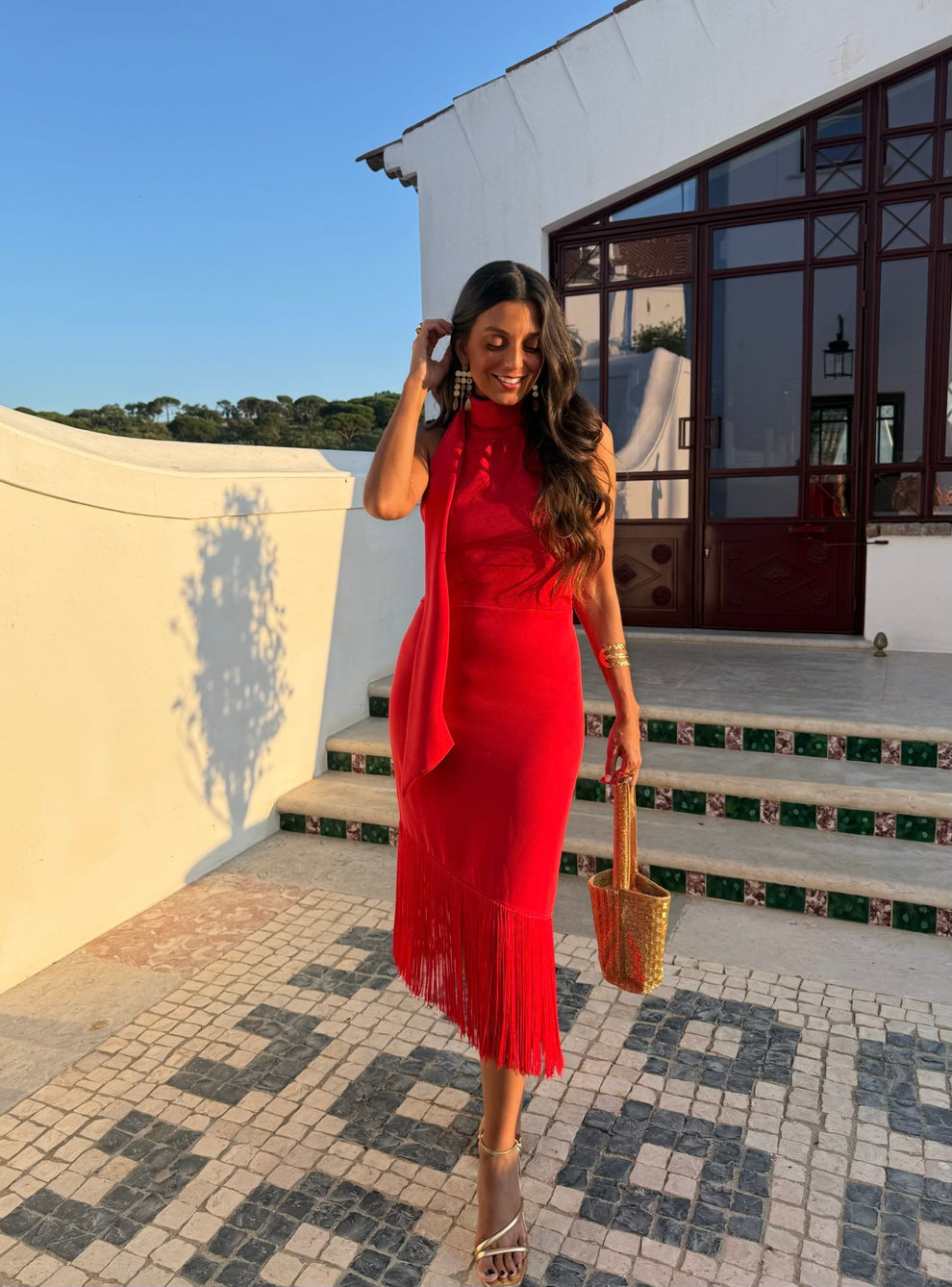 CIRIACA - VESTIDO MIDI HALTER CON FLECOS