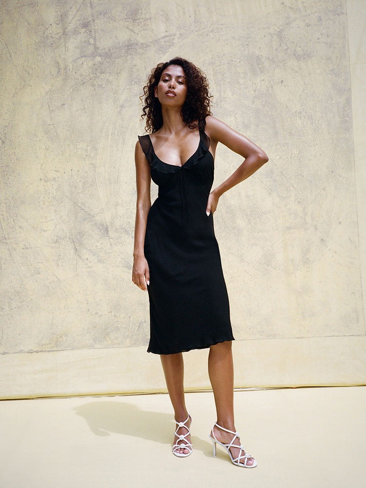 MELI - VESTIDO MIDI LAZO SEDA VOLANTES
