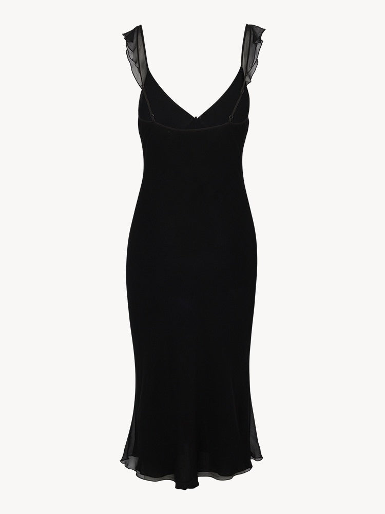 MELI - VESTIDO MIDI LAZO SEDA VOLANTES