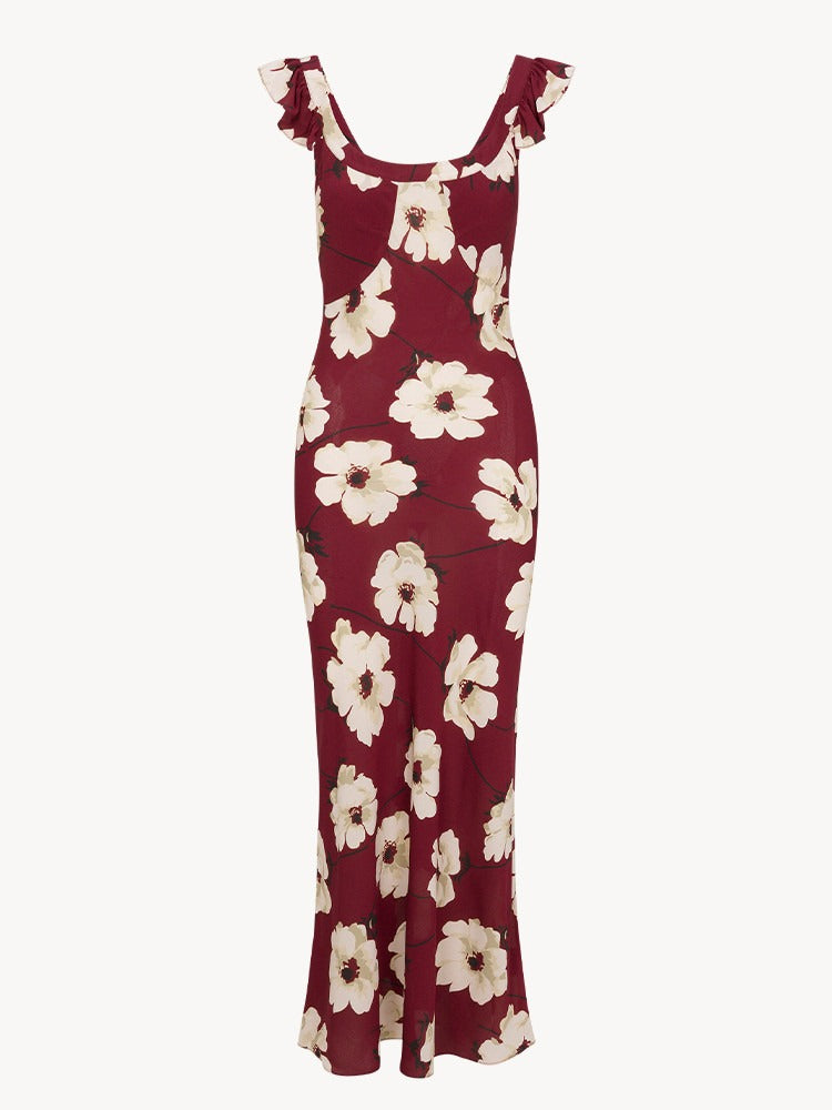 MAYRA  - VESTIDO FLORAL BURDEOS VOLANTES