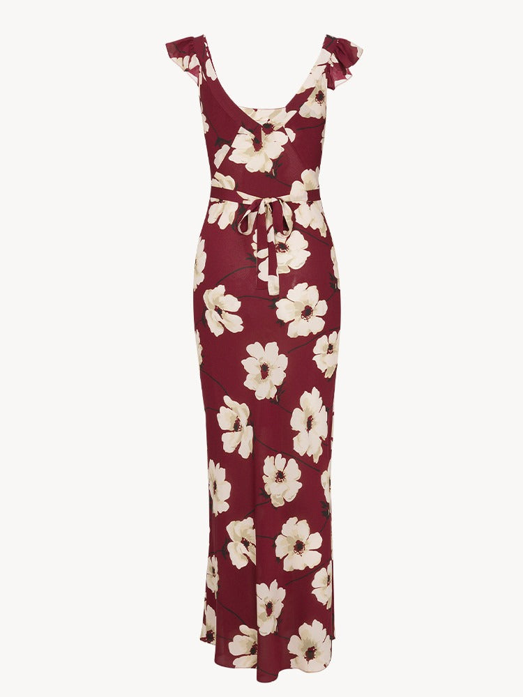 MAYRA  - VESTIDO FLORAL BURDEOS VOLANTES