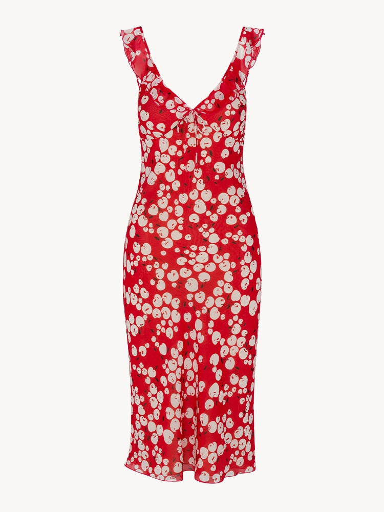 MELI - VESTIDO MIDI LAZO SEDA VOLANTES