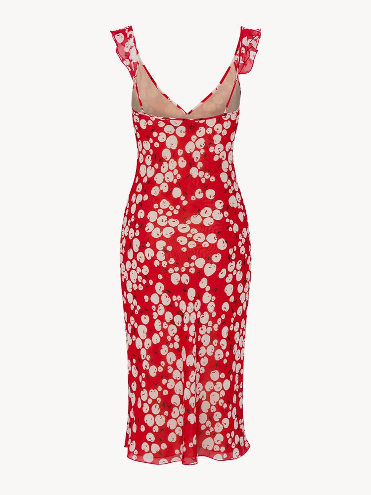 MELI - VESTIDO MIDI LAZO SEDA VOLANTES