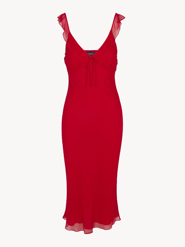 MELI - VESTIDO MIDI LAZO SEDA VOLANTES