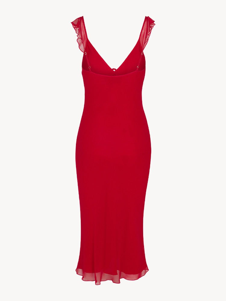 MELI - VESTIDO MIDI LAZO SEDA VOLANTES