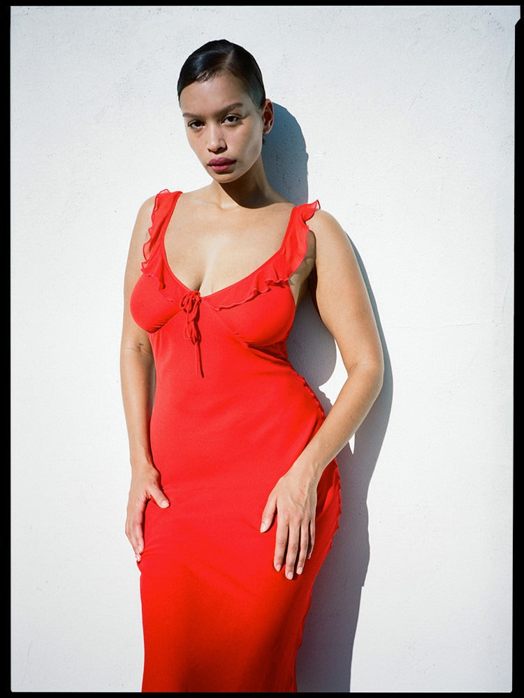 MELI - VESTIDO MIDI LAZO SEDA VOLANTES