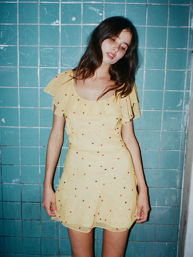 MELINDA - VESTIDO MINI AMARILLO VOLANTES LUNARES