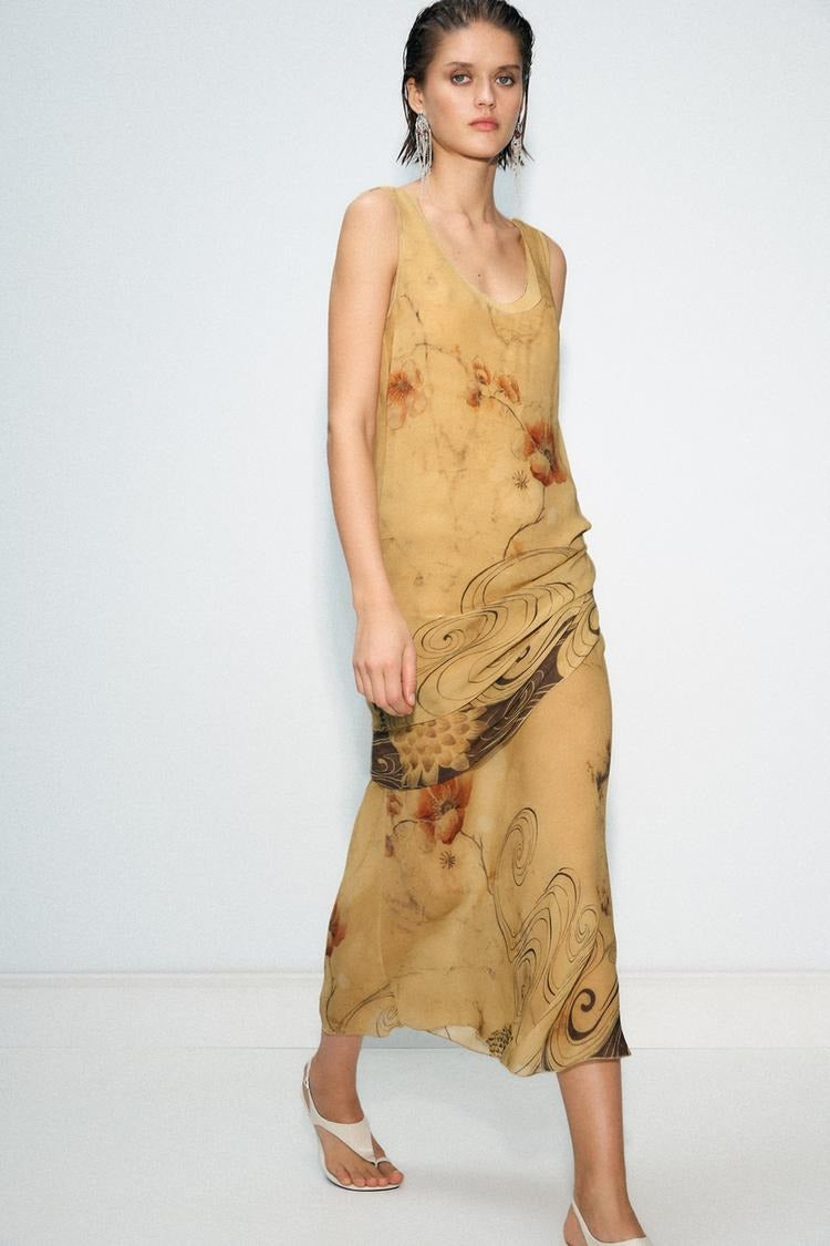 NAIARA - VESTIDO MIDI ESTAMPADO CON DRAPEADO