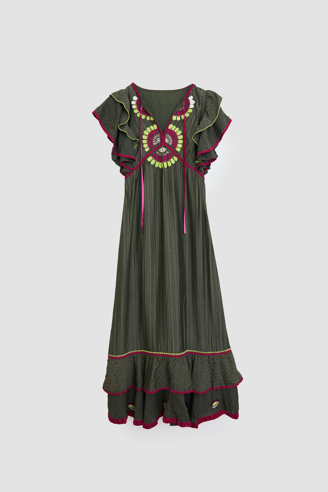 BERTHA - VESTIDO LARGO BORDADO VOLANTES