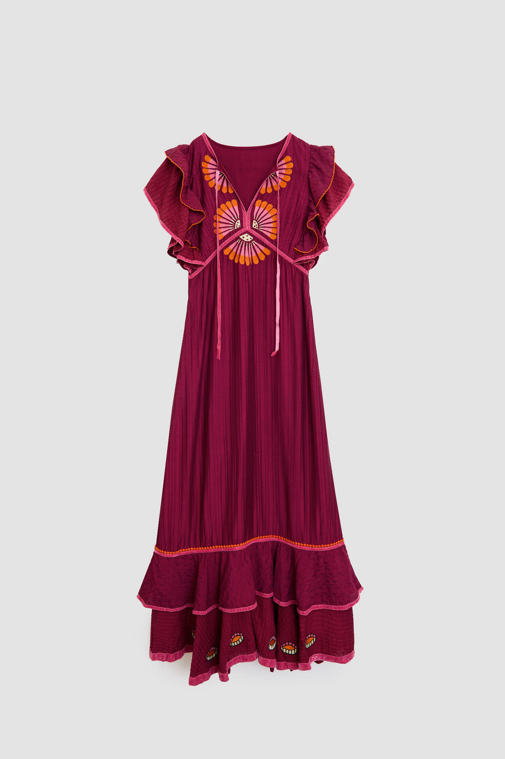 BERTHA - VESTIDO LARGO BORDADO VOLANTES