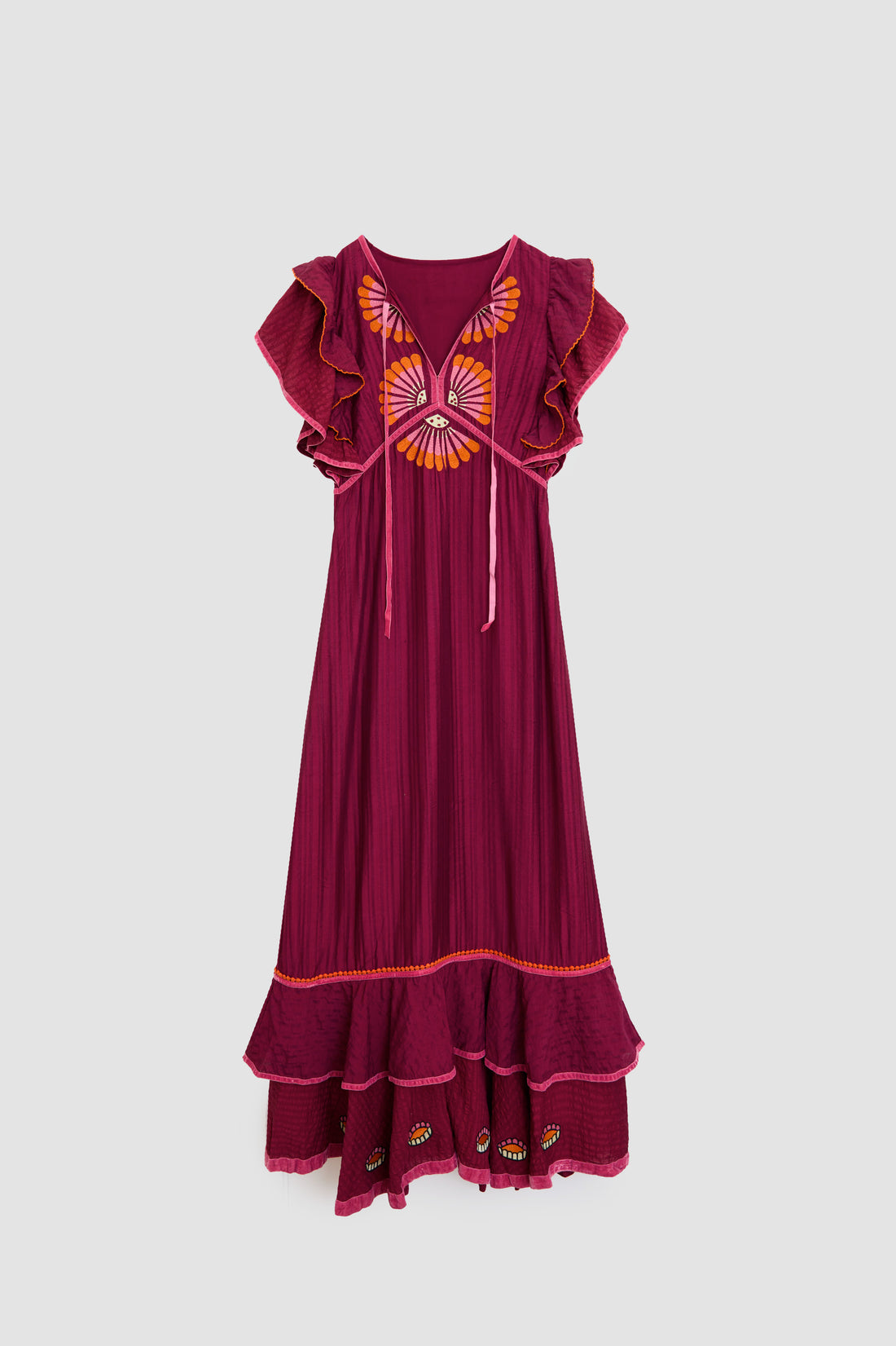 BERTHA - VESTIDO LARGO BORDADO VOLANTES